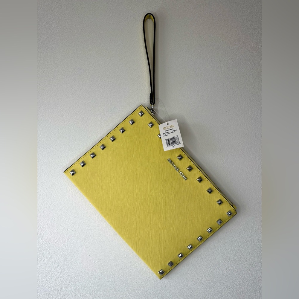 Michael Kors Yellow Studded Wristlet Clutch with Detachable Strap